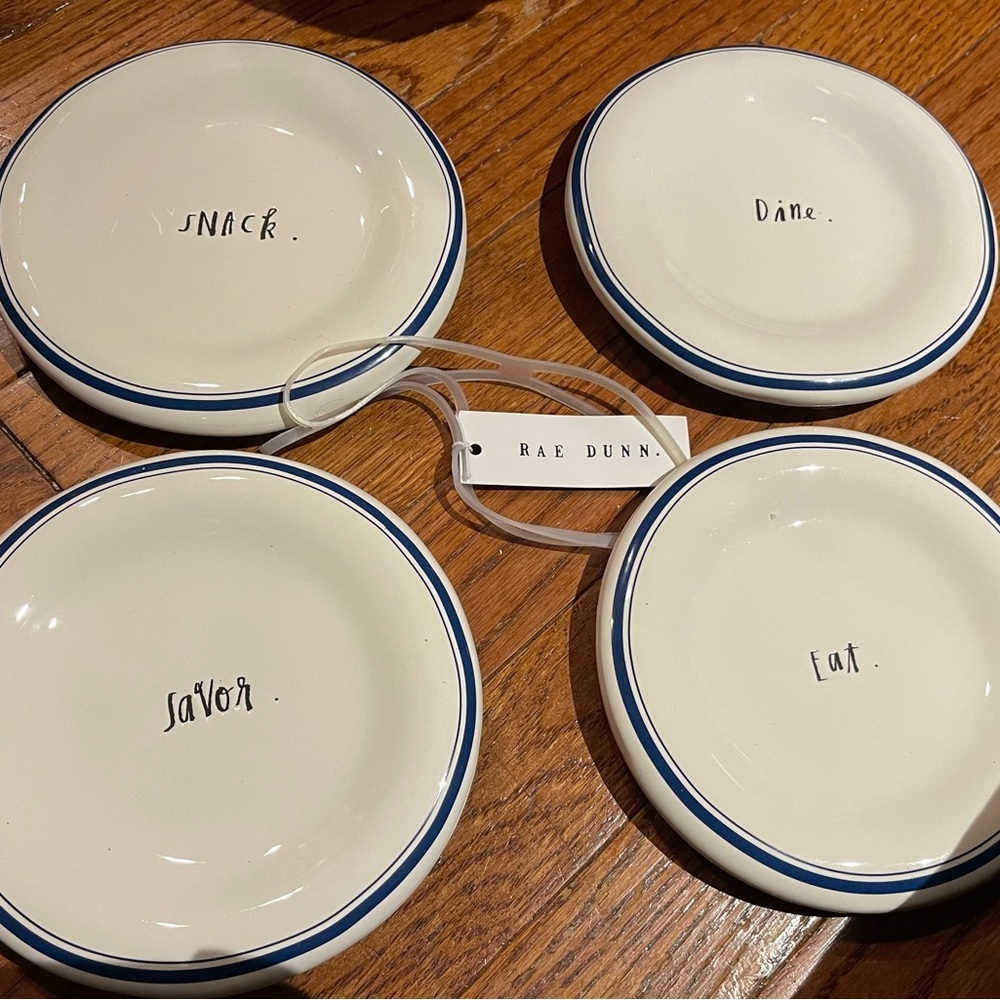 Rae Dunn Cream Plates with Blue Trim - Dessert- Snacks